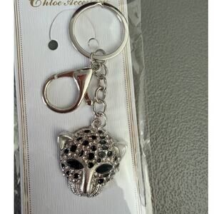 Leopard Head Rhinestone Bag Charm Silver Keychain Animal Bling